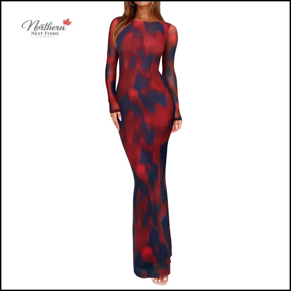 Sheer Mesh Long Sleeve Maxi Dress Formal Evening Bodycon Floral